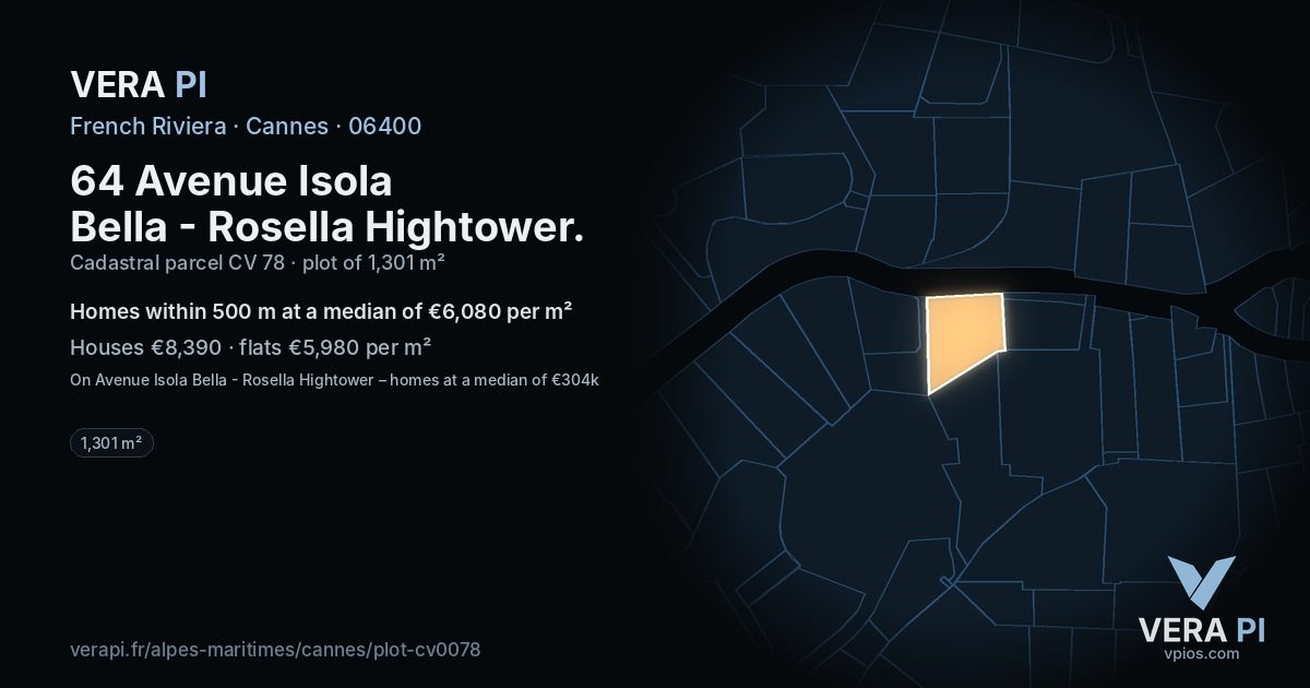 64 Avenue Isola Bella - Rosella Hightower, Cannes at night – the plot lit, the parcels around coloured by the prices near them