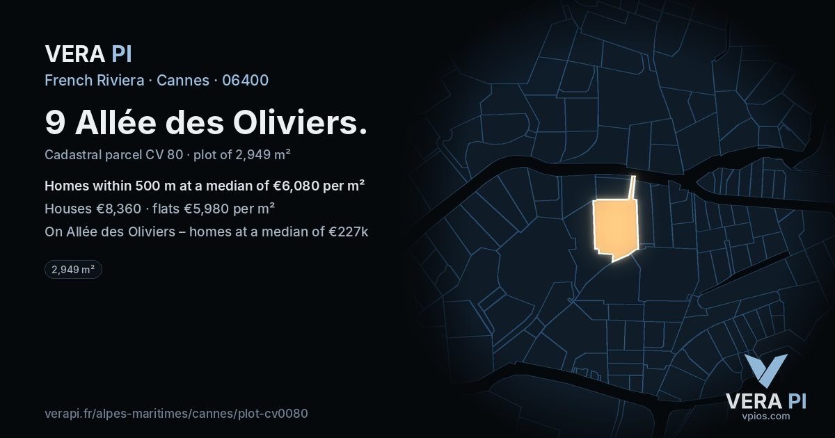 9 Allée des Oliviers, Cannes at night – the plot lit, the parcels around coloured by the prices near them