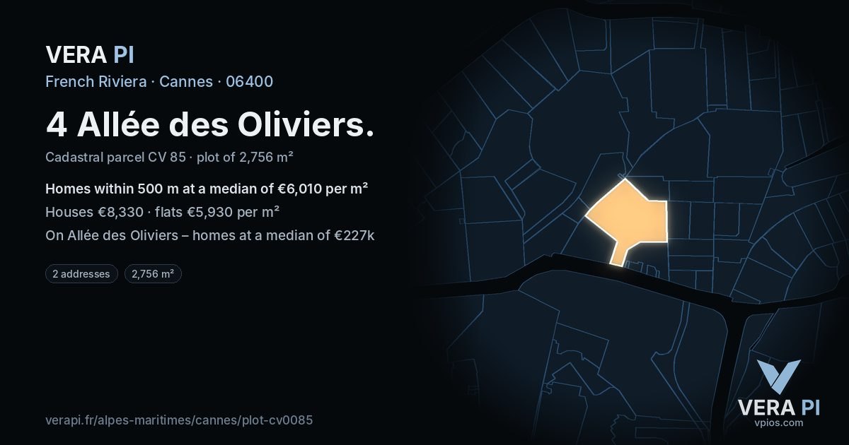 4 Allée des Oliviers, Cannes at night – the plot lit, the parcels around coloured by the prices near them