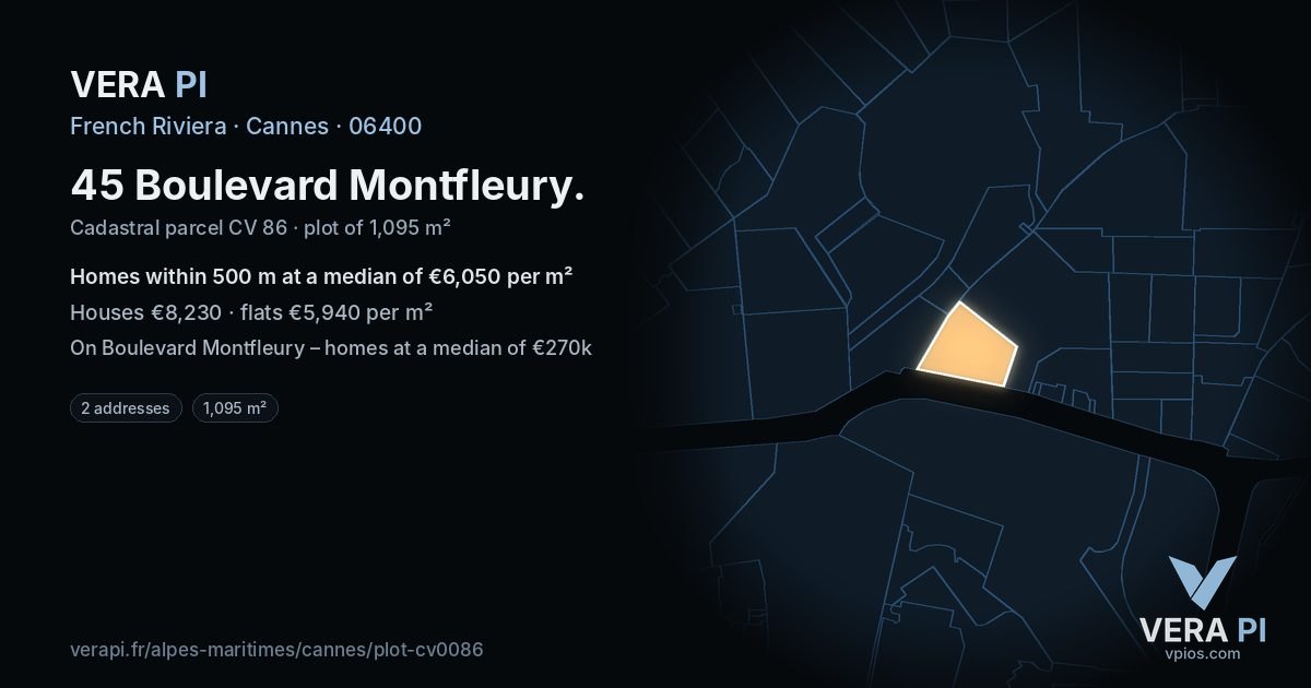 45 Boulevard Montfleury, Cannes at night – the plot lit, the parcels around coloured by the prices near them
