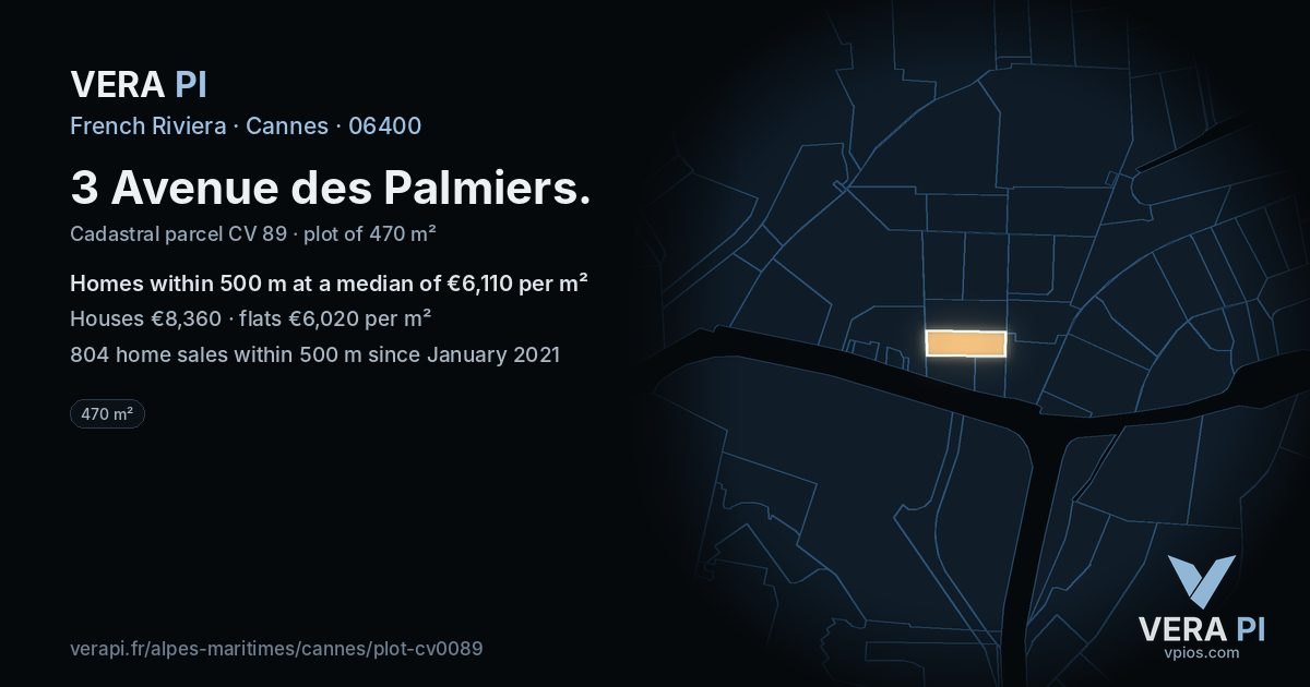 3 Avenue des Palmiers, Cannes at night – the plot lit, the parcels around coloured by the prices near them