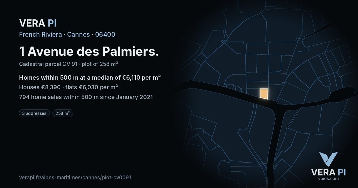 1 Avenue des Palmiers, Cannes at night – the plot lit, the parcels around coloured by the prices near them