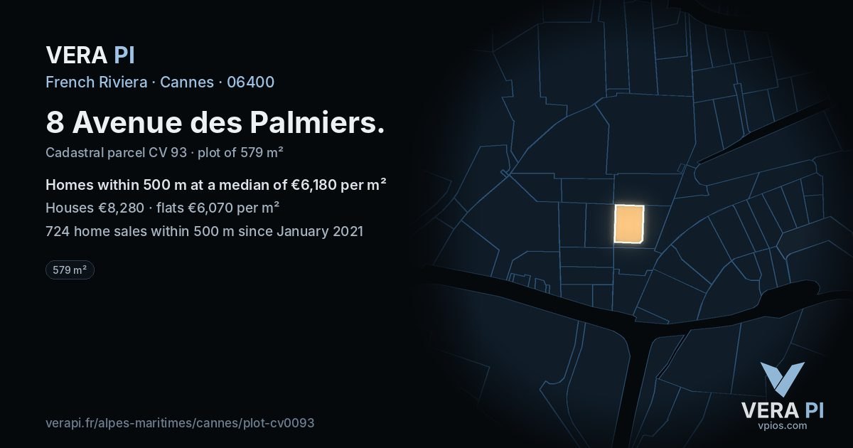 8 Avenue des Palmiers, Cannes at night – the plot lit, the parcels around coloured by the prices near them
