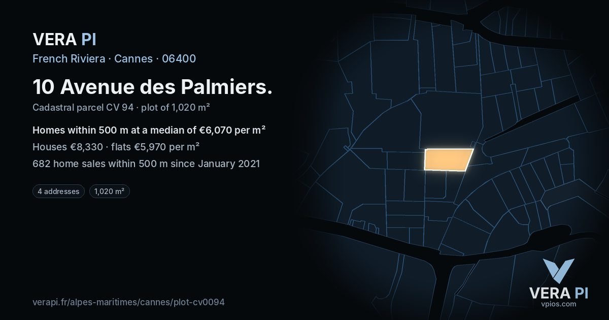 10 Avenue des Palmiers, Cannes at night – the plot lit, the parcels around coloured by the prices near them