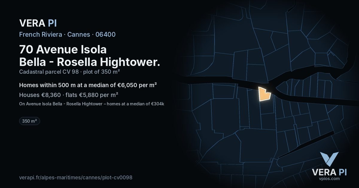 70 Avenue Isola Bella - Rosella Hightower, Cannes at night – the plot lit, the parcels around coloured by the prices near them