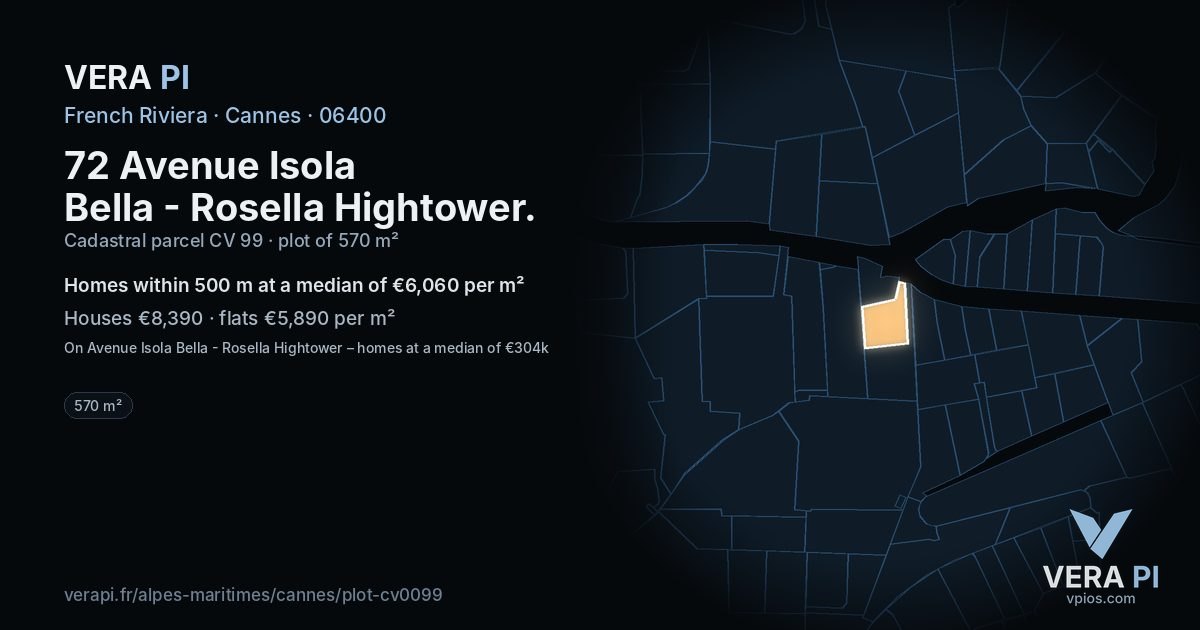72 Avenue Isola Bella - Rosella Hightower, Cannes at night – the plot lit, the parcels around coloured by the prices near them