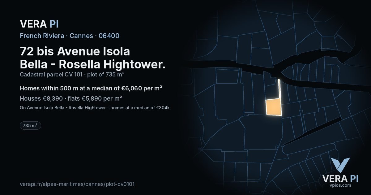 72 bis Avenue Isola Bella - Rosella Hightower, Cannes at night – the plot lit, the parcels around coloured by the prices near them