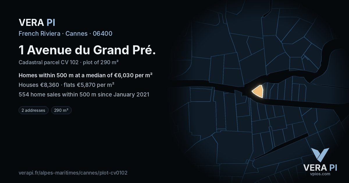 1 Avenue du Grand Pré, Cannes at night – the plot lit, the parcels around coloured by the prices near them