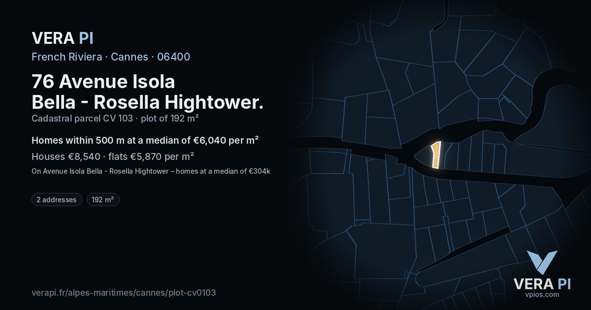 76 Avenue Isola Bella - Rosella Hightower, Cannes at night – the plot lit, the parcels around coloured by the prices near them