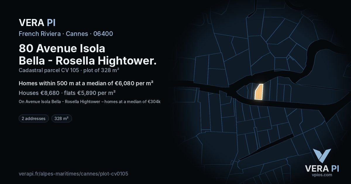 80 Avenue Isola Bella - Rosella Hightower, Cannes at night – the plot lit, the parcels around coloured by the prices near them