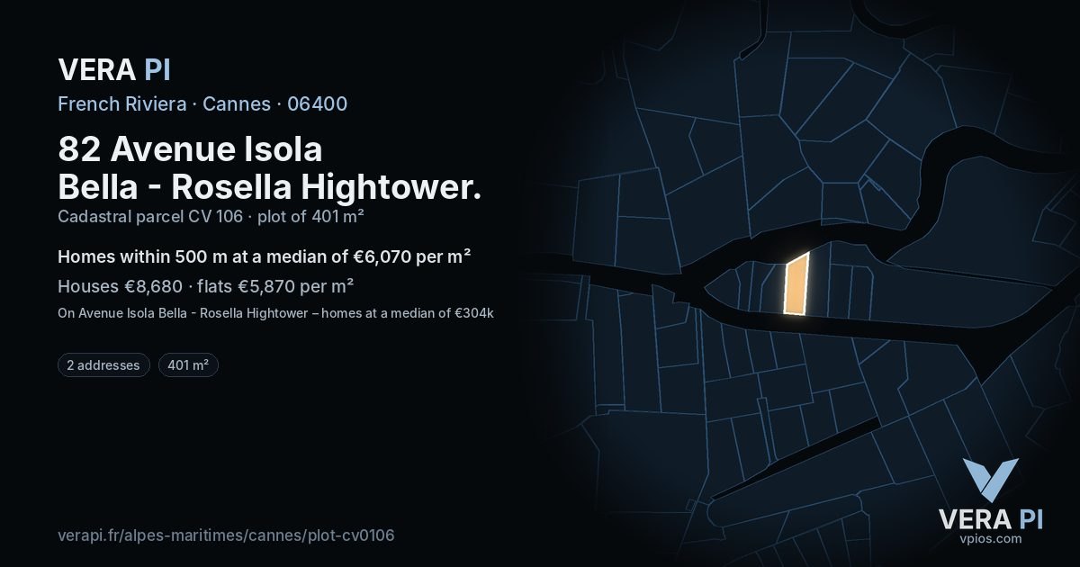 82 Avenue Isola Bella - Rosella Hightower, Cannes at night – the plot lit, the parcels around coloured by the prices near them