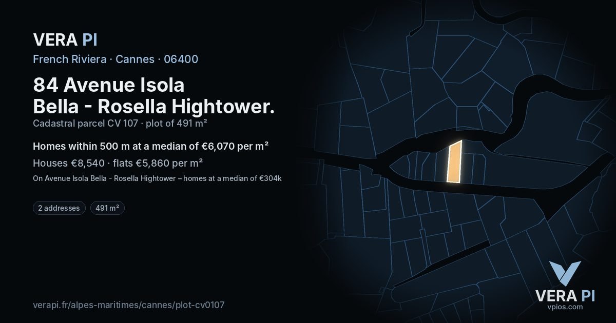 84 Avenue Isola Bella - Rosella Hightower, Cannes at night – the plot lit, the parcels around coloured by the prices near them