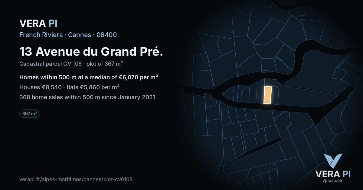 13 Avenue du Grand Pré, Cannes at night – the plot lit, the parcels around coloured by the prices near them
