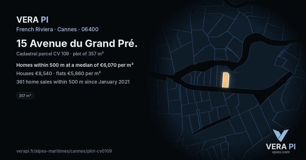 15 Avenue du Grand Pré, Cannes at night – the plot lit, the parcels around coloured by the prices near them