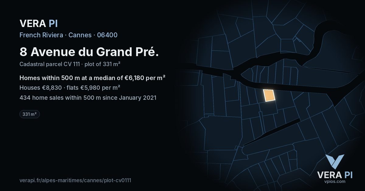 8 Avenue du Grand Pré, Cannes at night – the plot lit, the parcels around coloured by the prices near them