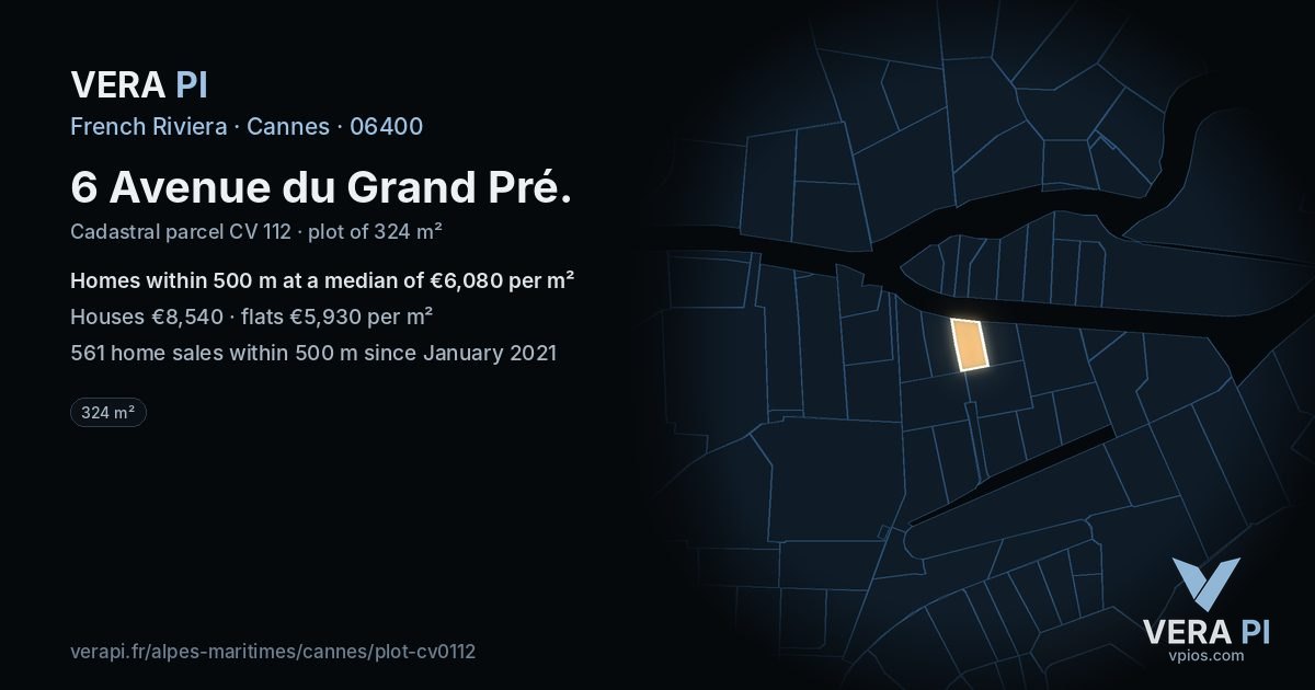 6 Avenue du Grand Pré, Cannes at night – the plot lit, the parcels around coloured by the prices near them