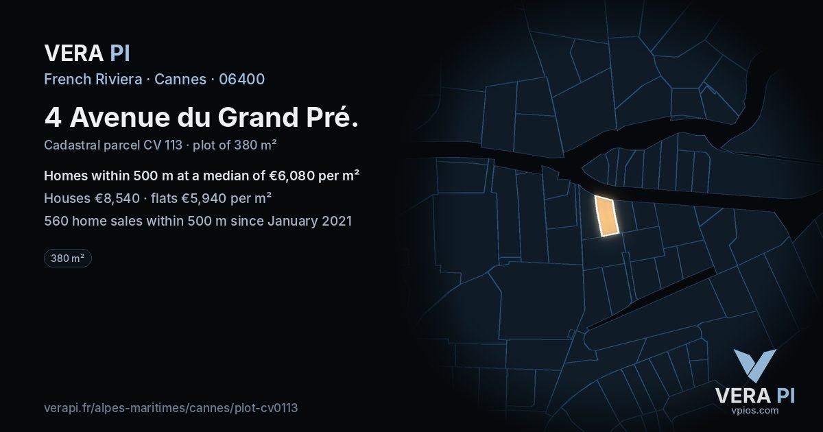 4 Avenue du Grand Pré, Cannes at night – the plot lit, the parcels around coloured by the prices near them