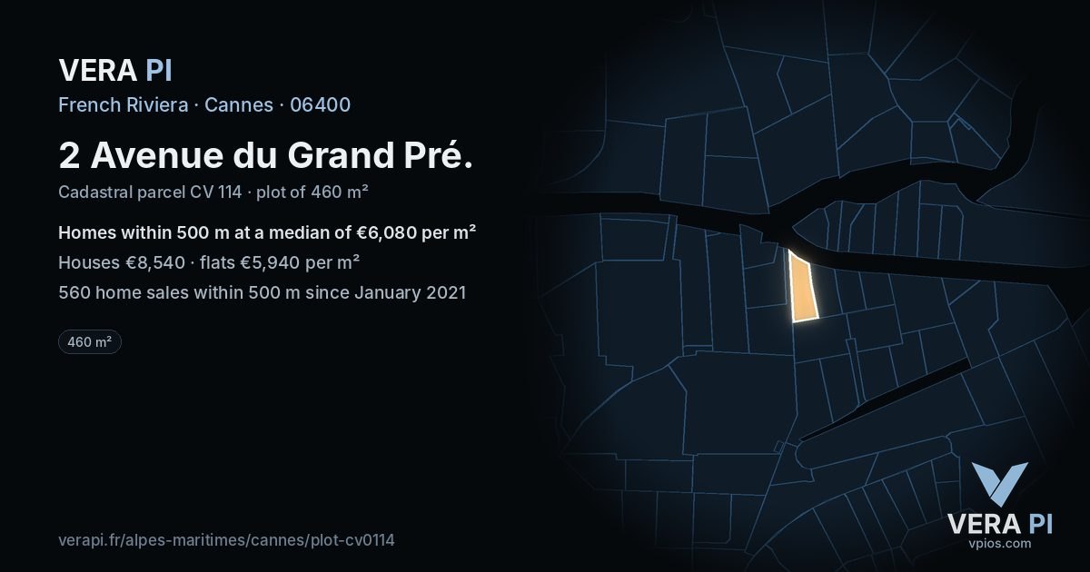 2 Avenue du Grand Pré, Cannes at night – the plot lit, the parcels around coloured by the prices near them