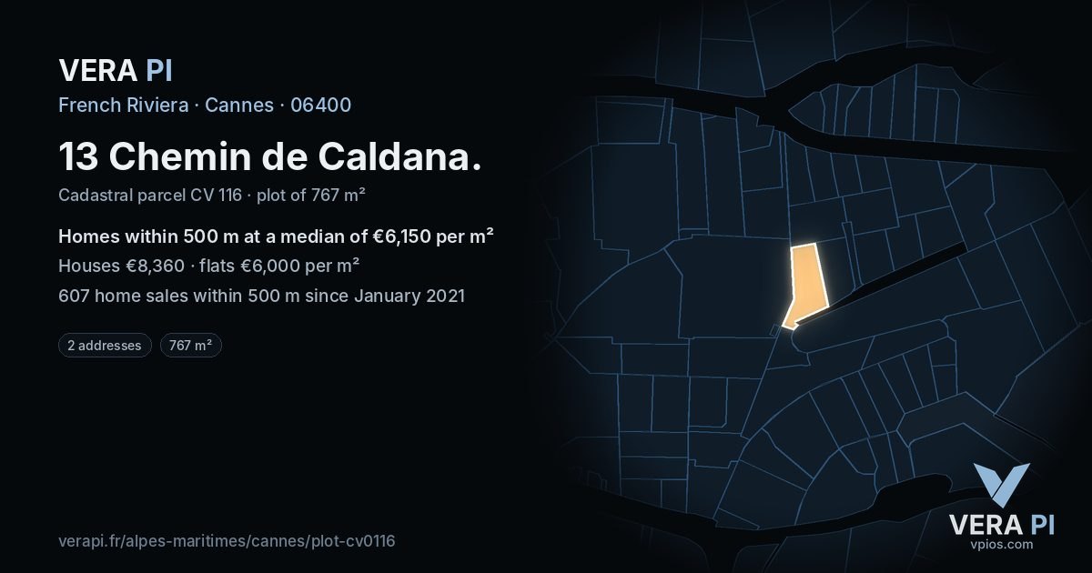 13 Chemin de Caldana, Cannes at night – the plot lit, the parcels around coloured by the prices near them