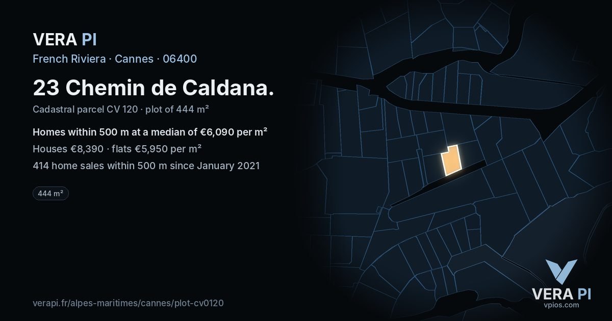 23 Chemin de Caldana, Cannes at night – the plot lit, the parcels around coloured by the prices near them