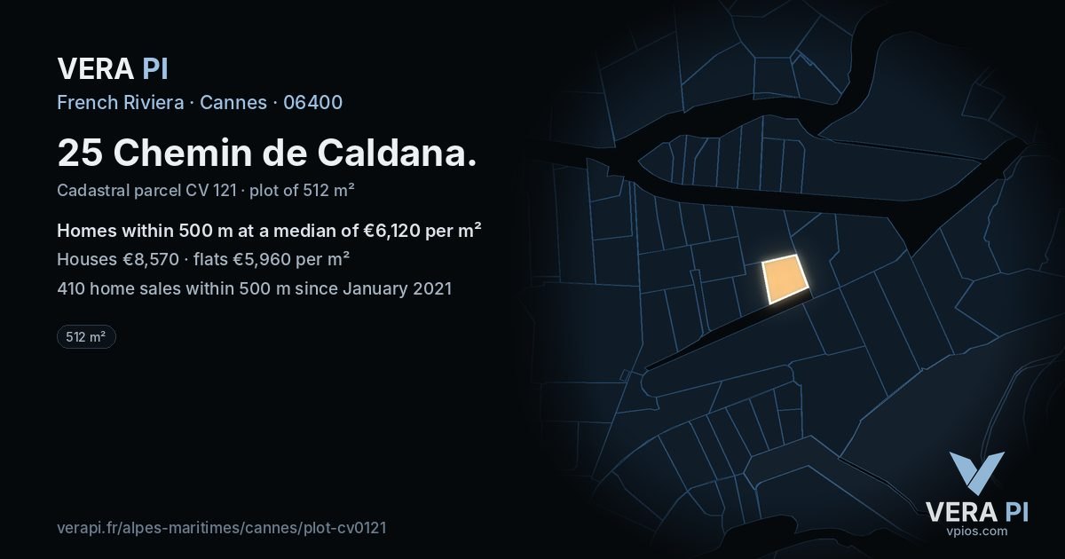 25 Chemin de Caldana, Cannes at night – the plot lit, the parcels around coloured by the prices near them