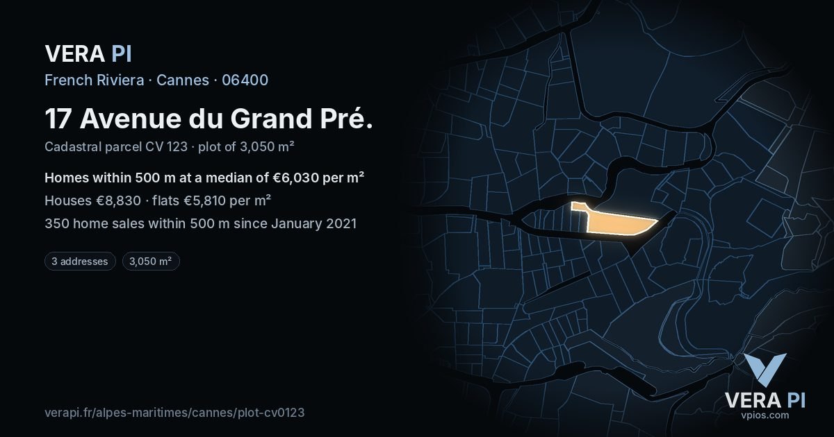 17 Avenue du Grand Pré, Cannes at night – the plot lit, the parcels around coloured by the prices near them