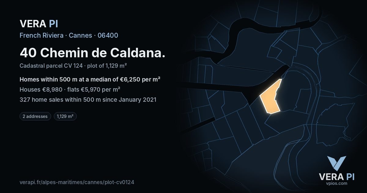 40 Chemin de Caldana, Cannes at night – the plot lit, the parcels around coloured by the prices near them