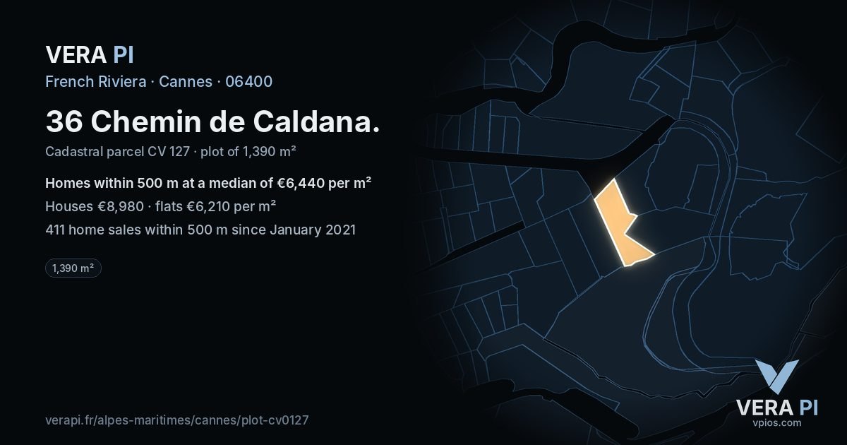36 Chemin de Caldana, Cannes at night – the plot lit, the parcels around coloured by the prices near them