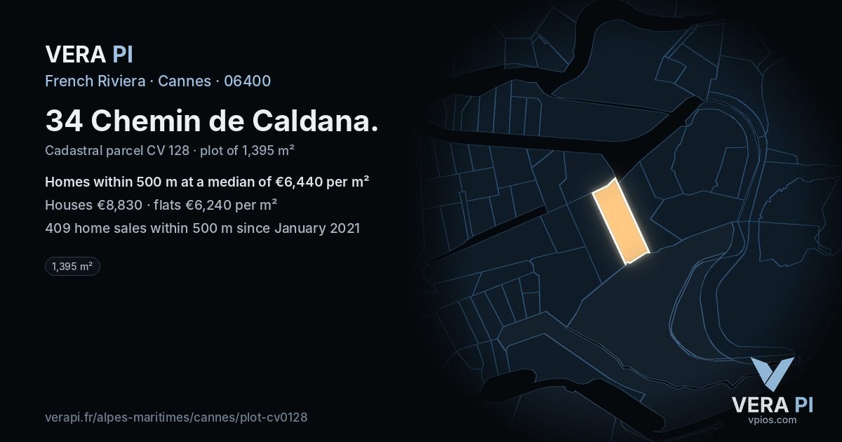 34 Chemin de Caldana, Cannes at night – the plot lit, the parcels around coloured by the prices near them