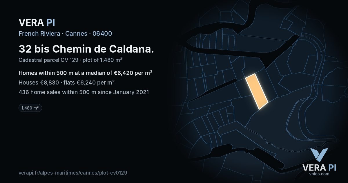 32 bis Chemin de Caldana, Cannes at night – the plot lit, the parcels around coloured by the prices near them