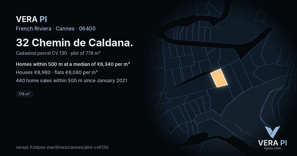 32 Chemin de Caldana, Cannes at night – the plot lit, the parcels around coloured by the prices near them
