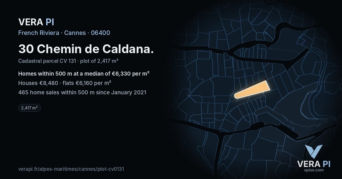 30 Chemin de Caldana, Cannes at night – the plot lit, the parcels around coloured by the prices near them