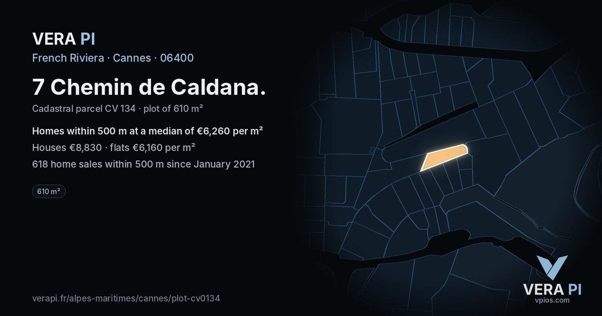 7 Chemin de Caldana, Cannes at night – the plot lit, the parcels around coloured by the prices near them