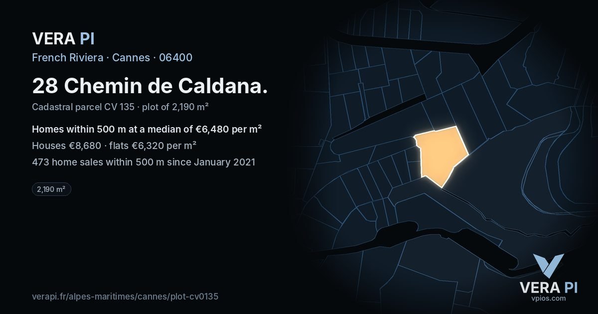 28 Chemin de Caldana, Cannes at night – the plot lit, the parcels around coloured by the prices near them