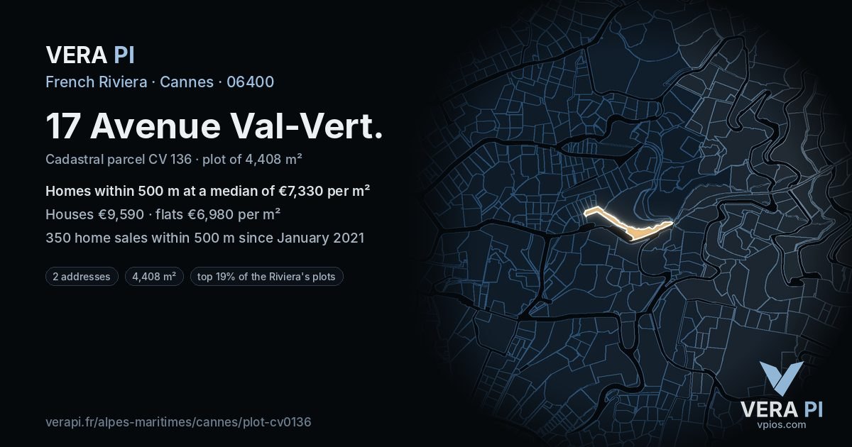 17 Avenue Val-Vert, Cannes at night – the plot lit, the parcels around coloured by the prices near them