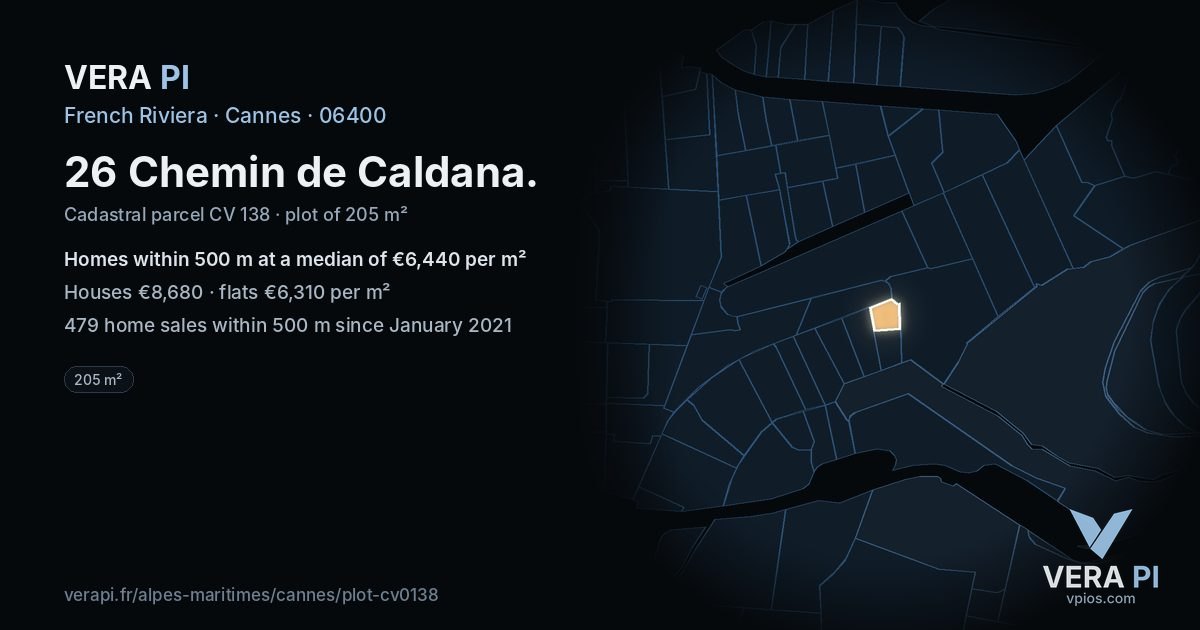 26 Chemin de Caldana, Cannes at night – the plot lit, the parcels around coloured by the prices near them