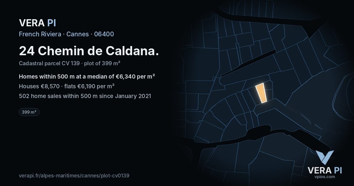 24 Chemin de Caldana, Cannes at night – the plot lit, the parcels around coloured by the prices near them