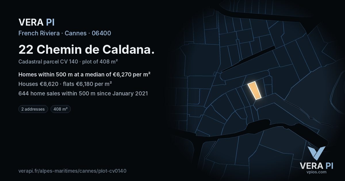 22 Chemin de Caldana, Cannes at night – the plot lit, the parcels around coloured by the prices near them