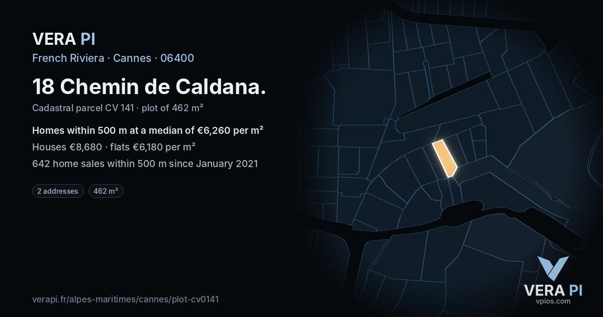 18 Chemin de Caldana, Cannes at night – the plot lit, the parcels around coloured by the prices near them