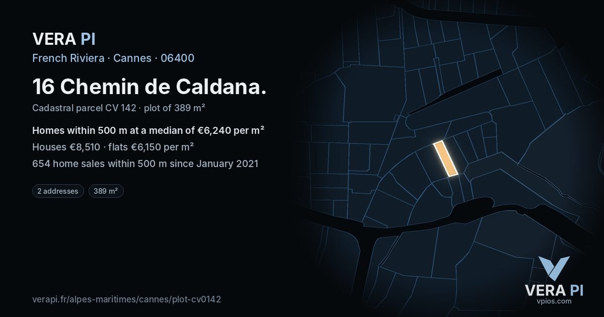 16 Chemin de Caldana, Cannes at night – the plot lit, the parcels around coloured by the prices near them
