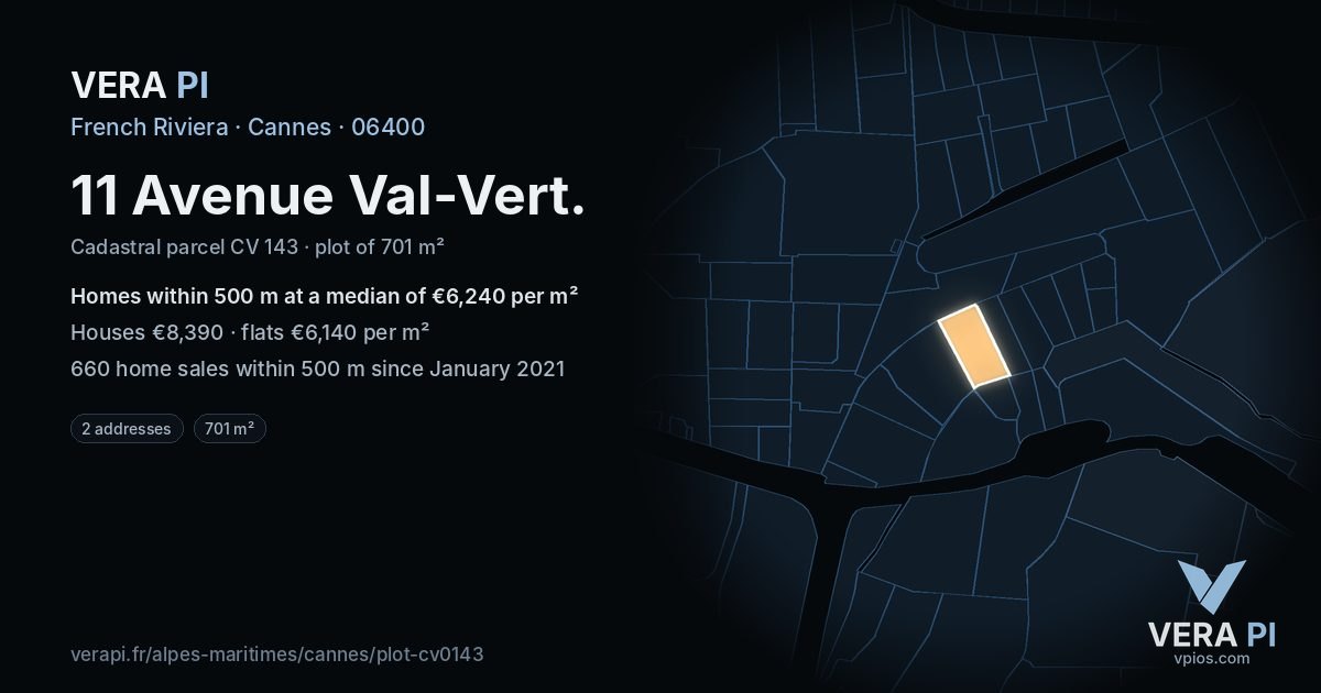 11 Avenue Val-Vert, Cannes at night – the plot lit, the parcels around coloured by the prices near them
