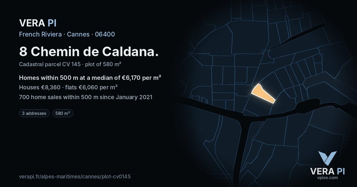 8 Chemin de Caldana, Cannes at night – the plot lit, the parcels around coloured by the prices near them