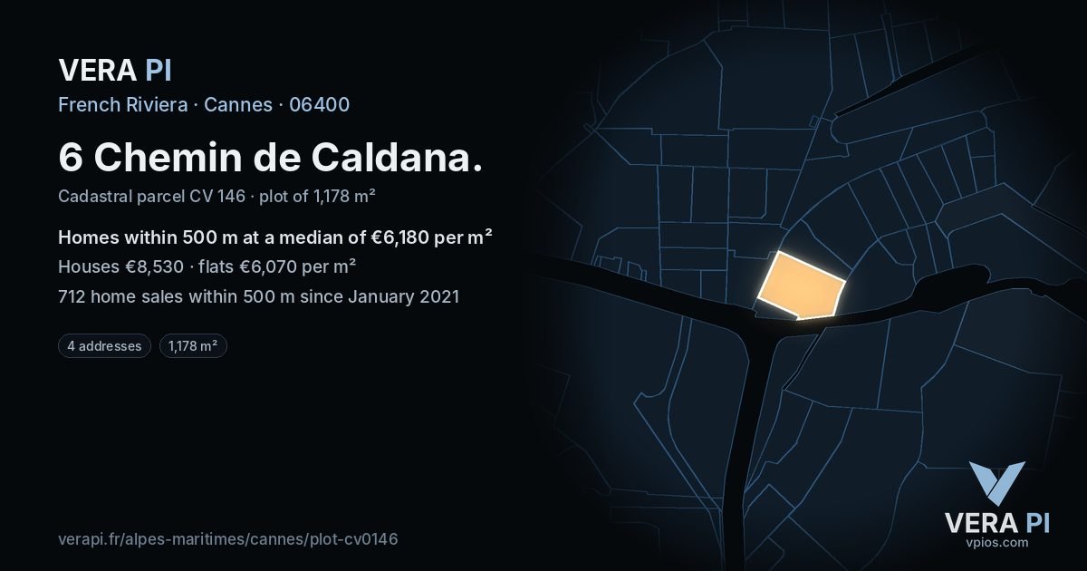 6 Chemin de Caldana, Cannes at night – the plot lit, the parcels around coloured by the prices near them