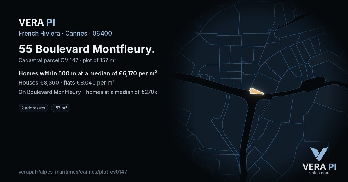55 Boulevard Montfleury, Cannes at night – the plot lit, the parcels around coloured by the prices near them