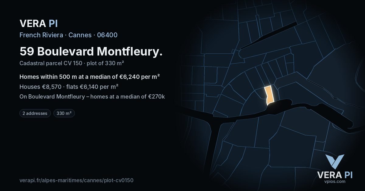 59 Boulevard Montfleury, Cannes at night – the plot lit, the parcels around coloured by the prices near them