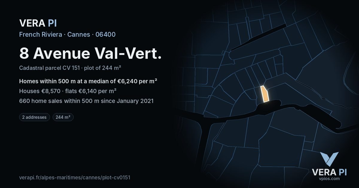8 Avenue Val-Vert, Cannes at night – the plot lit, the parcels around coloured by the prices near them