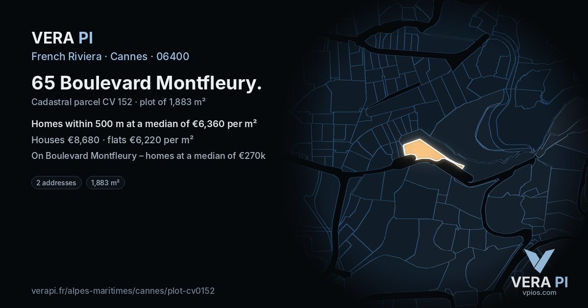 65 Boulevard Montfleury, Cannes at night – the plot lit, the parcels around coloured by the prices near them