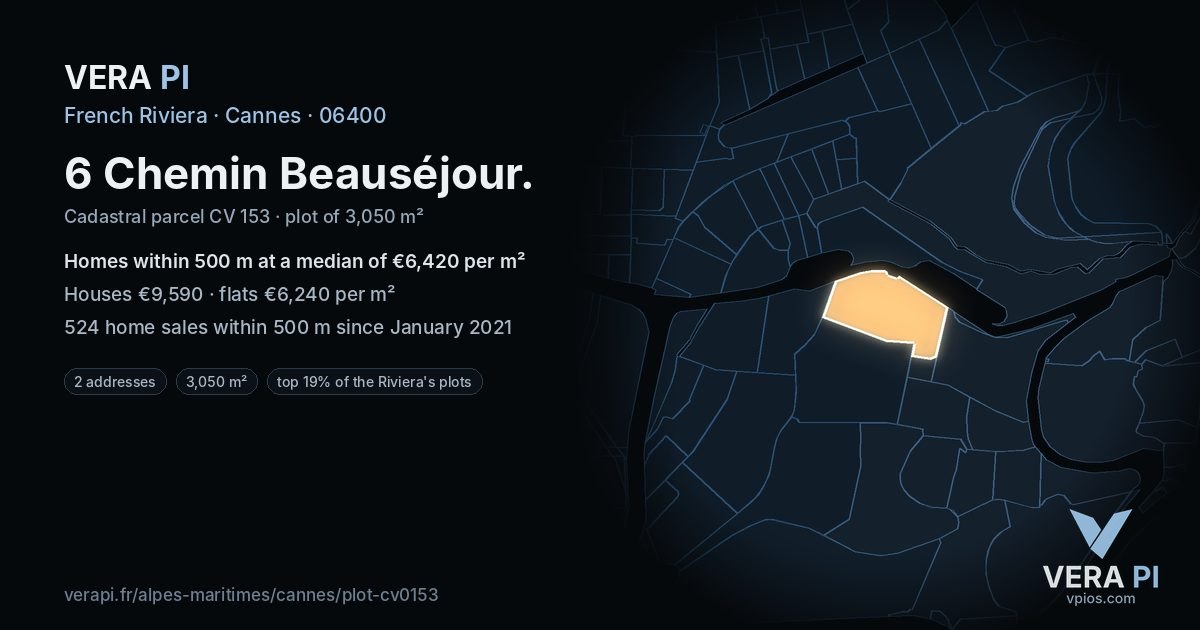 6 Chemin Beauséjour, Cannes at night – the plot lit, the parcels around coloured by the prices near them