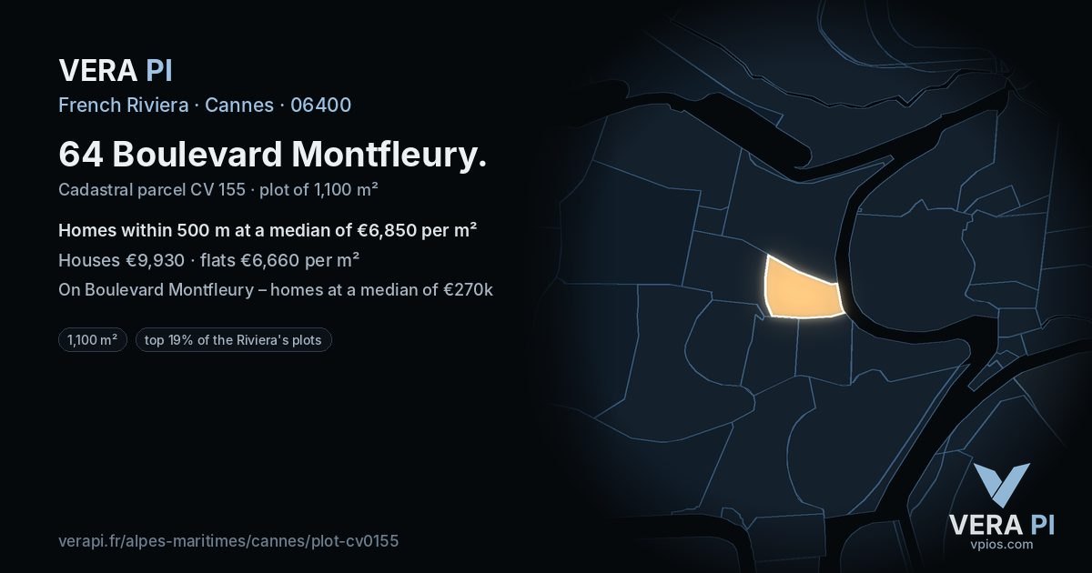 64 Boulevard Montfleury, Cannes at night – the plot lit, the parcels around coloured by the prices near them
