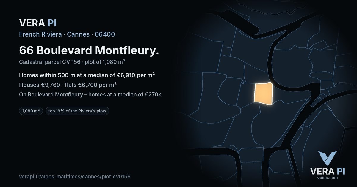66 Boulevard Montfleury, Cannes at night – the plot lit, the parcels around coloured by the prices near them